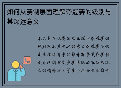 如何从赛制层面理解夺冠赛的级别与其深远意义