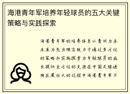 海港青年军培养年轻球员的五大关键策略与实践探索